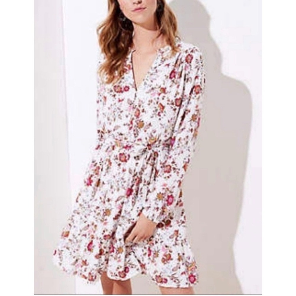 LOFT Petites Floral Long Sleeve Mini Belted Dress Paisley LP Fit and Flare Lined
